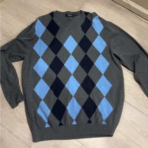 Claiborne men's gray and blue argyle V-neck sweater made of 100% cotton